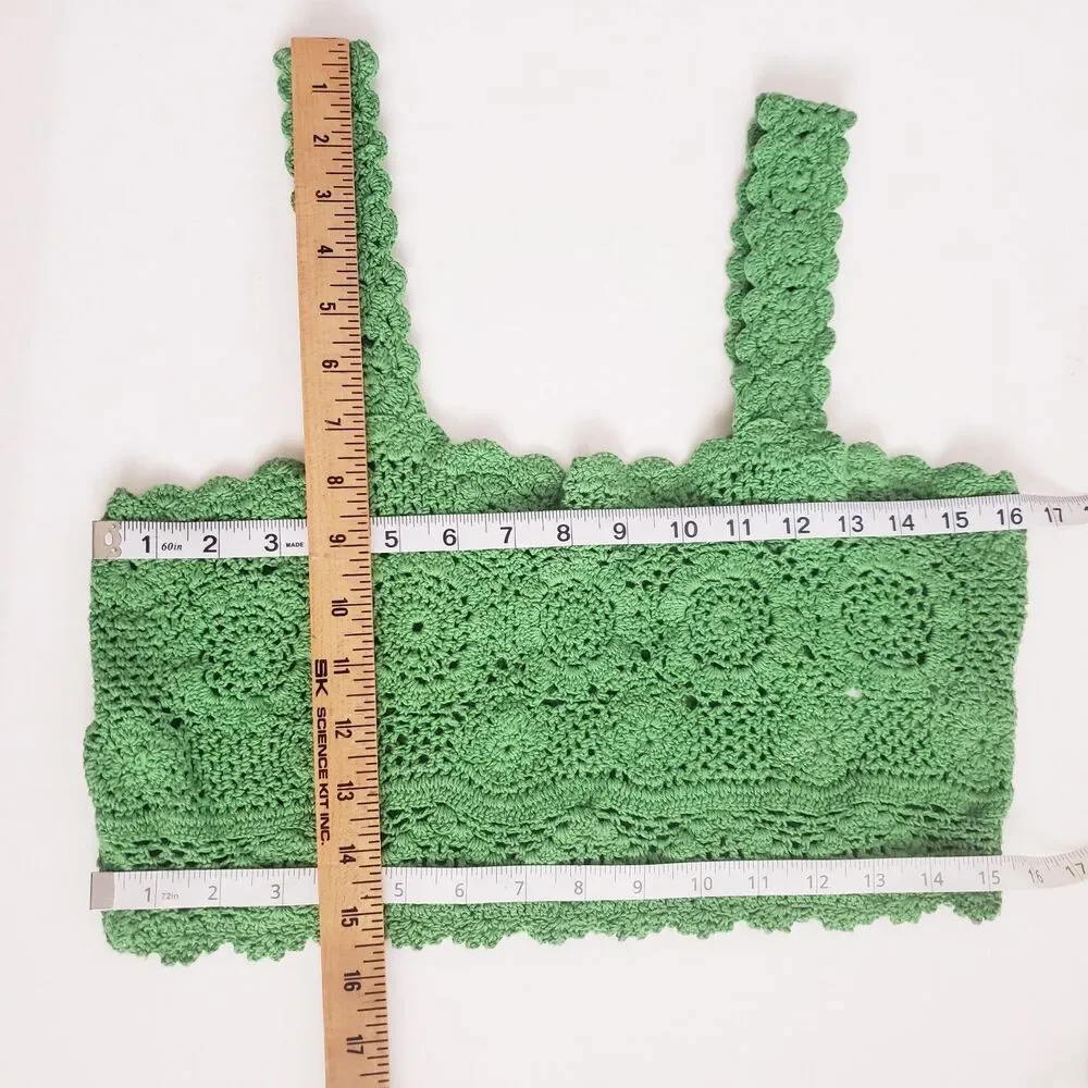 Free People Crochet Tank Top Medium Green Open Knit Cropped Cotton Unlined